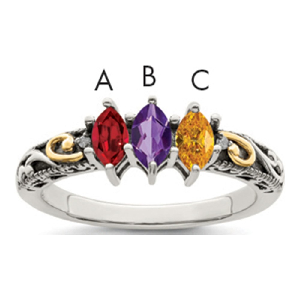 Sterling Silver Antiqued With 14K 3-Stone With 0.010 ctw (total weight)ct Diamond Mother's Ring