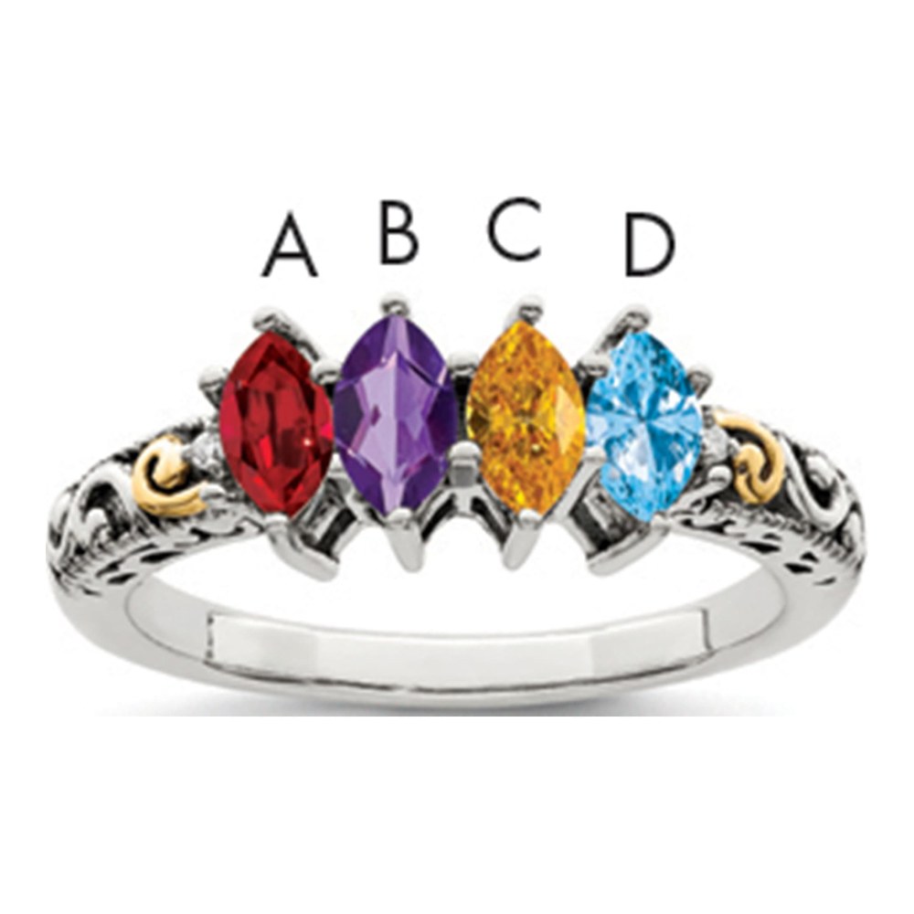 Sterling Silver Antiqued With 14K 4-Stone With 0.010 ctw (total weight)ct Diamond Mother's Ring