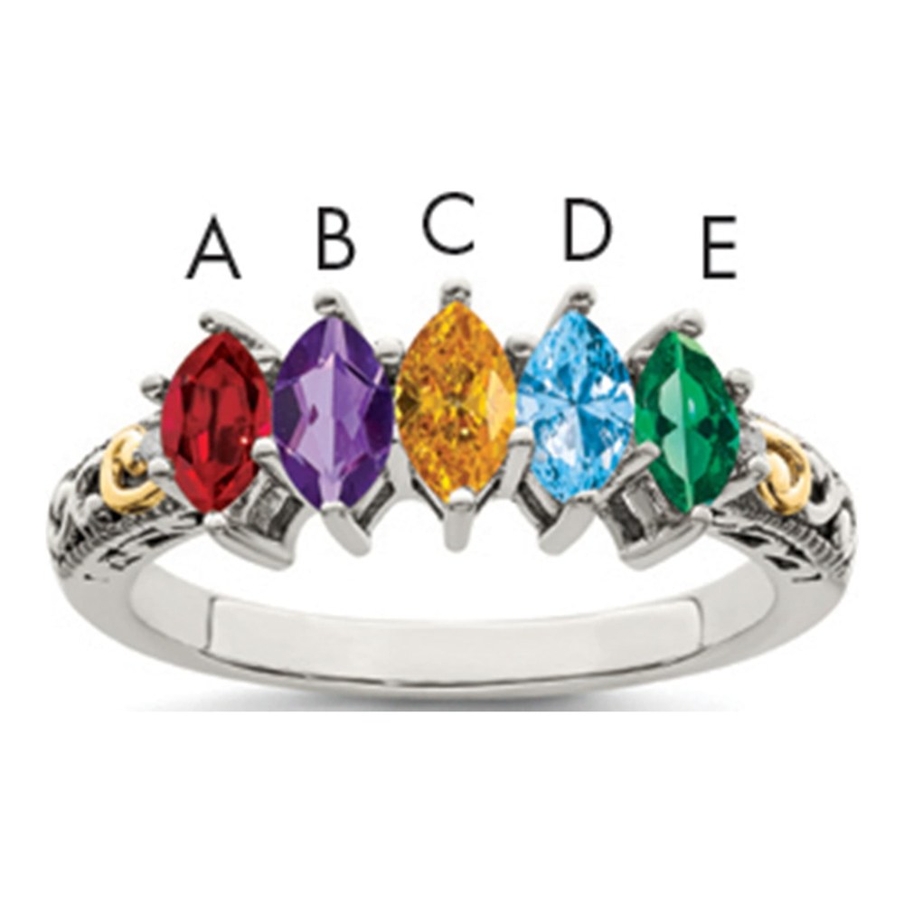 Sterling Silver Antiqued With 14K 5-Stone With 0.010 ctw (total weight)ct Diamond Mother's Ring