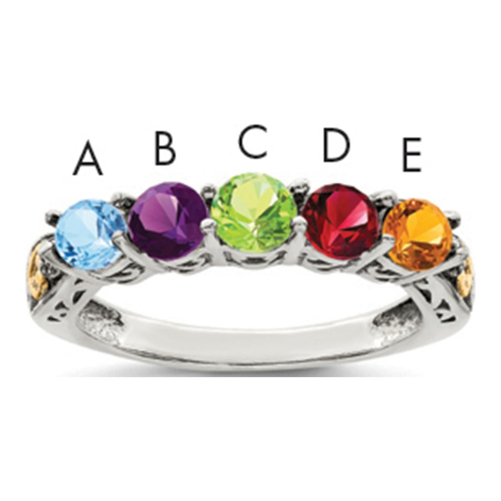 Sterling Silver Antiqued With 14K 5-Stone With 0.010 ctw (total weight)ct Diamond Mother's Ring