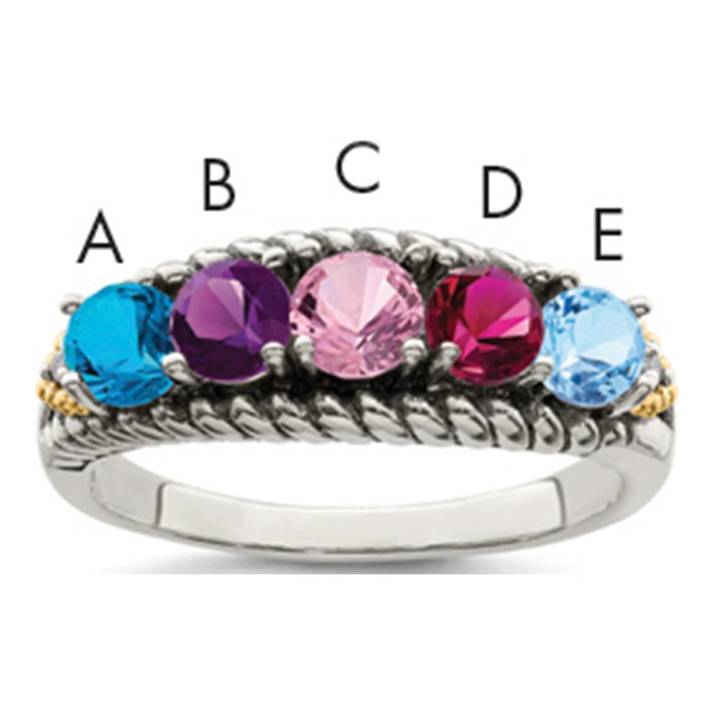 Sterling Silver Antiqued With 14K 5-Stone With 0.010 ctw (total weight)ct Diamond Mother's Ring