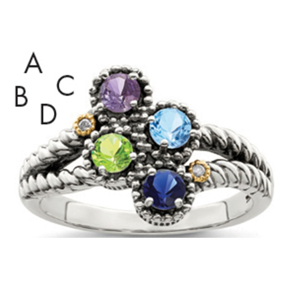 Sterling Silver Antiqued With 14K 4-Stone With 0.010 ctw (total weight)ct Diamond Mother's Ring