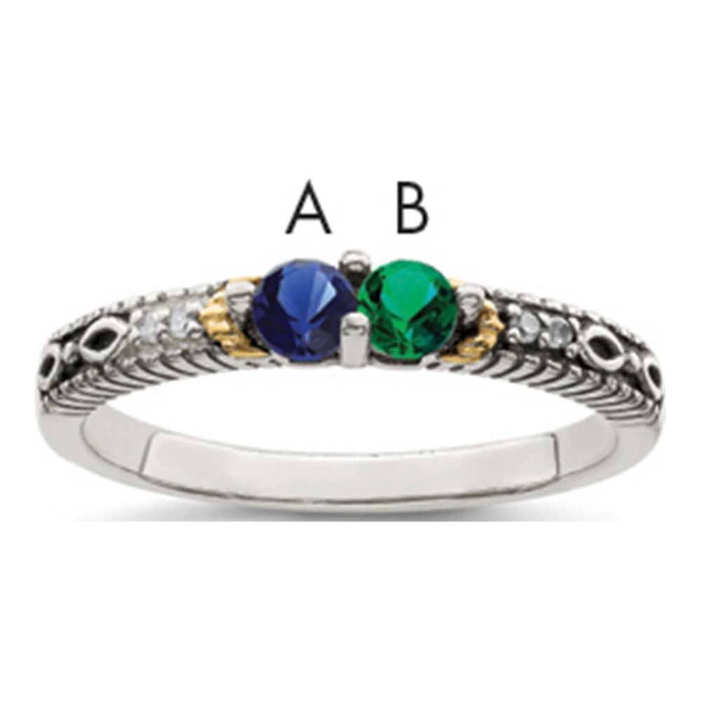 Sterling Silver Antiqued With 14K 2-Stone With 0.020 ctw (total weight)ct Diamond Mother's Ring