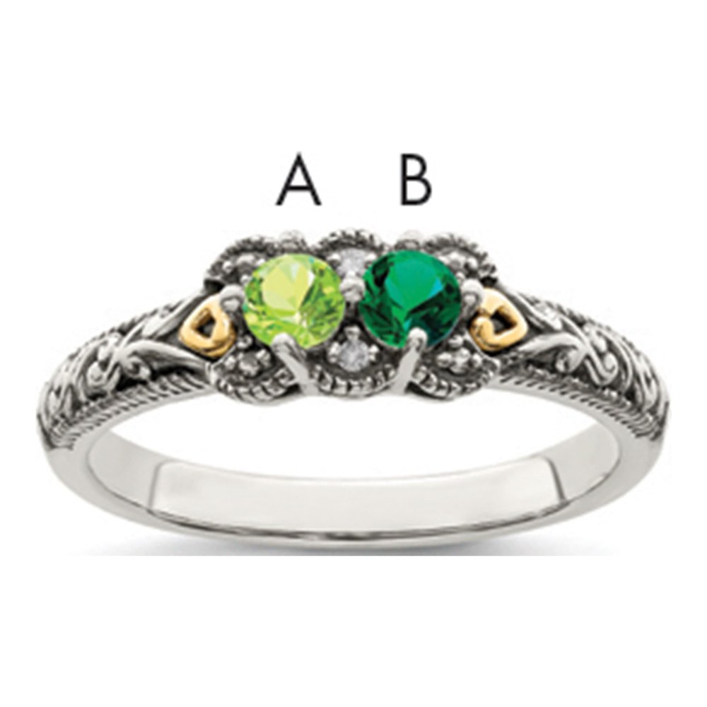 Sterling Silver Antiqued With 14K 2-Stone With 0.010 ctw (total weight)ct Diamond Mother's Ring