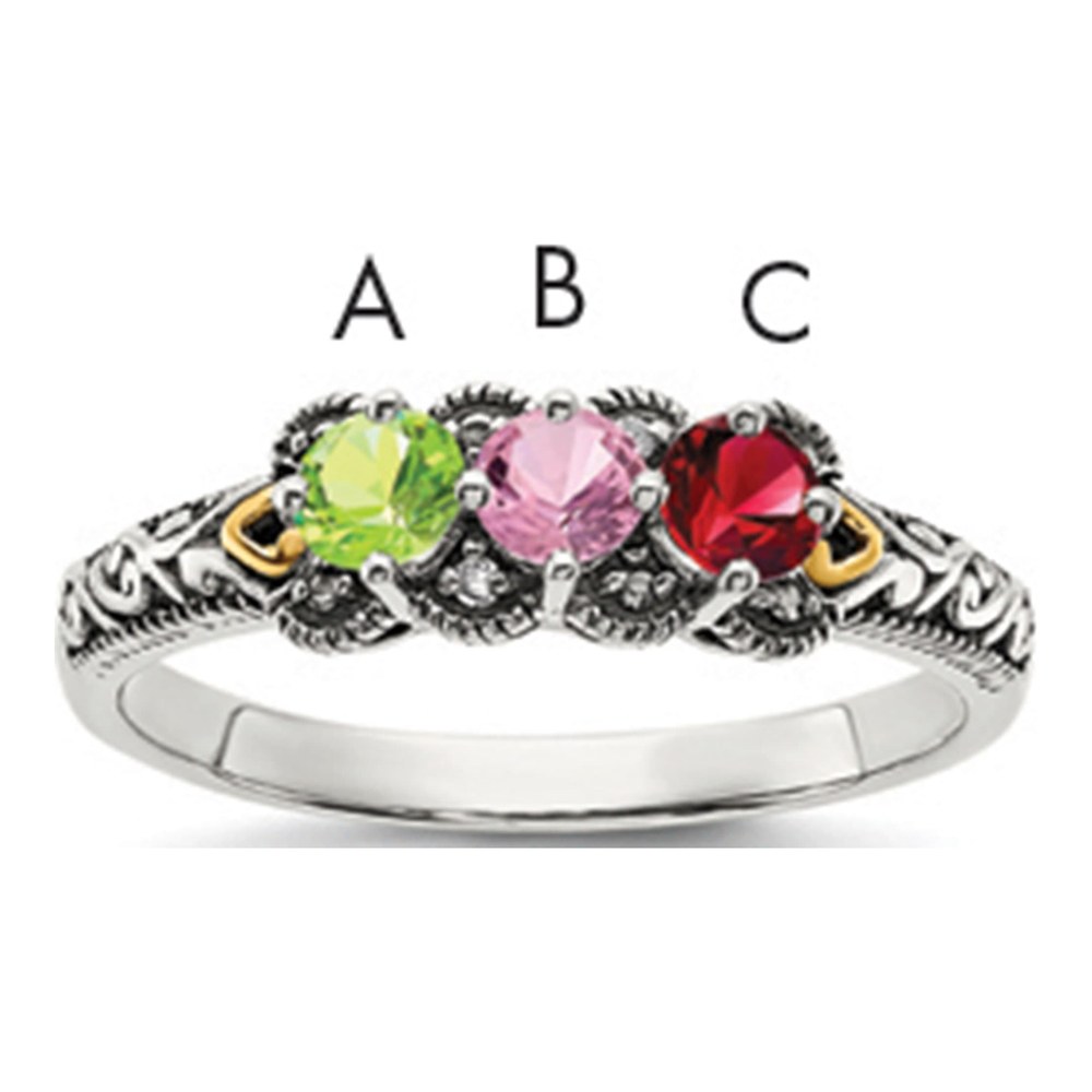 Sterling Silver Antiqued With 14K 3-Stone With 0.010 ctw (total weight)ct Diamond Mother's Ring