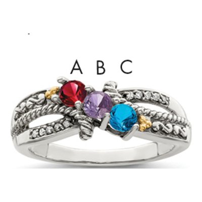Sterling Silver & 14K Gold 1/20 ct tw Diamond Personalized 3-Stone Mother's Ring