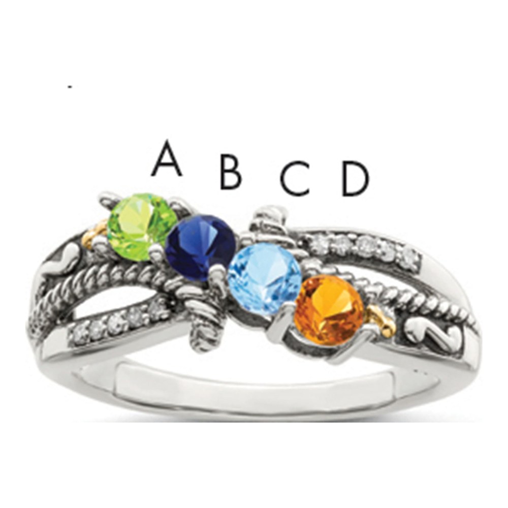 Sterling Silver Antiqued With 14K 4-Stone With 0.050 ctw (total weight)ct Diamond Mother's Ring