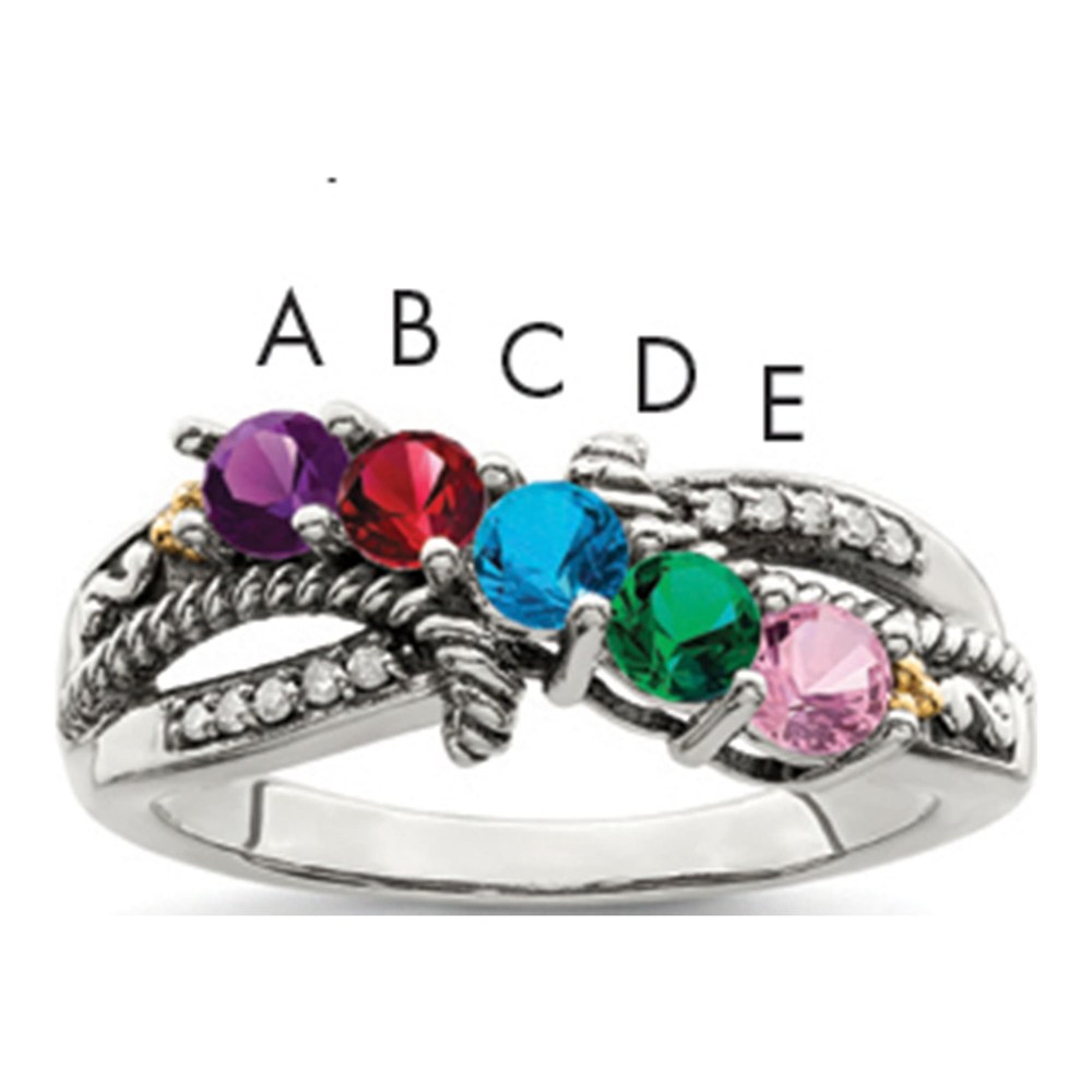 Sterling Silver Antiqued With 14K 5-Stone With 0.050 ctw (total weight)ct Diamond Mother's Ring