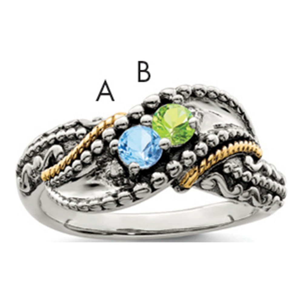 Sterling Silver Antiqued With 14K 2-Stone With 0.010 ctw (total weight)ct Diamond Mother's Ring