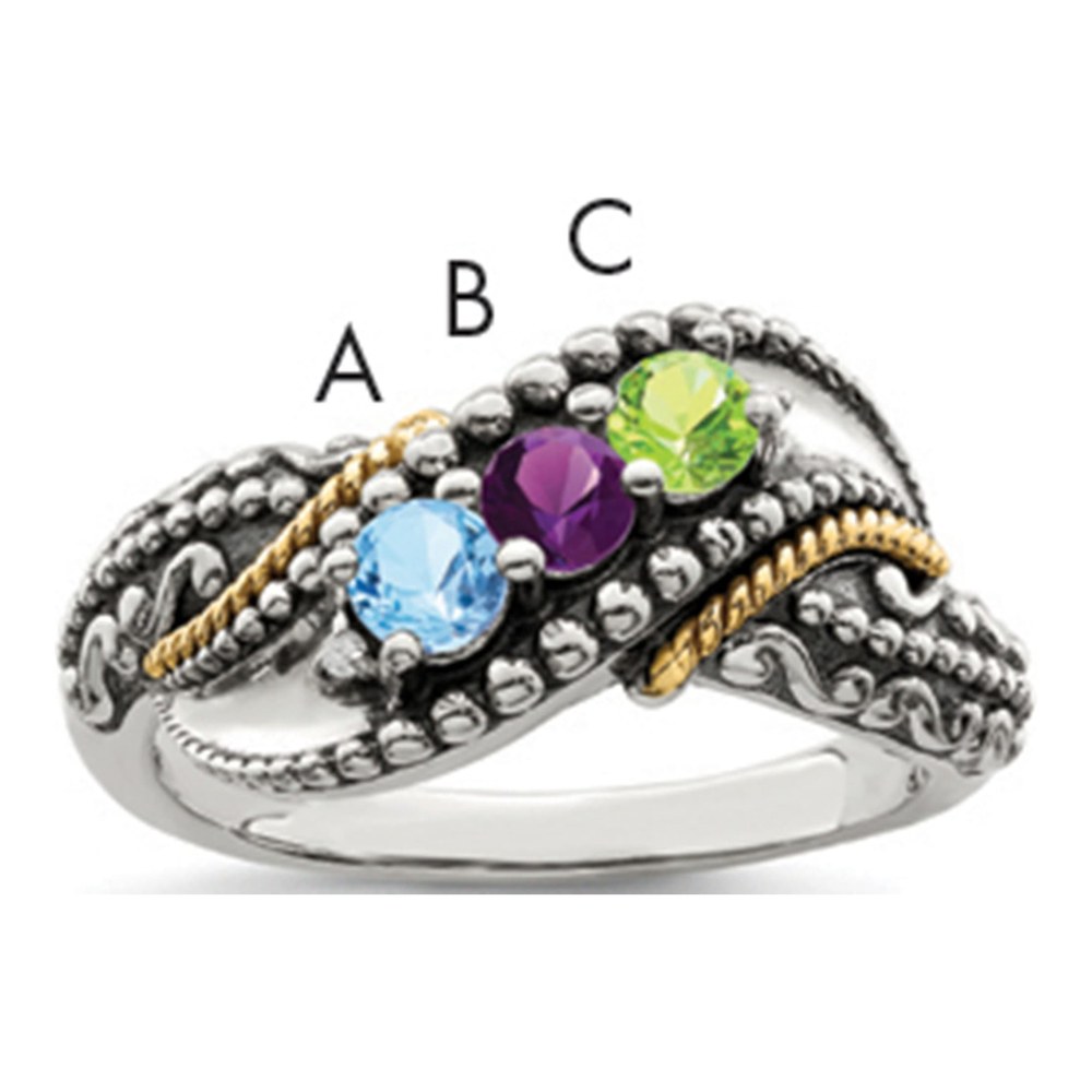 Sterling Silver Antiqued With 14K 3-Stone With 0.010 ctw (total weight)ct Diamond Mother's Ring