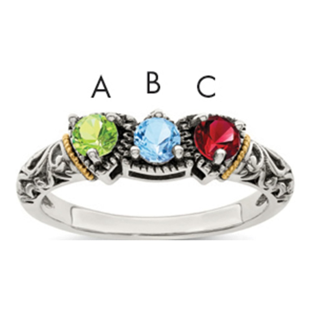Sterling Silver Antiqued With 14K 3-Stone Mother's Ring