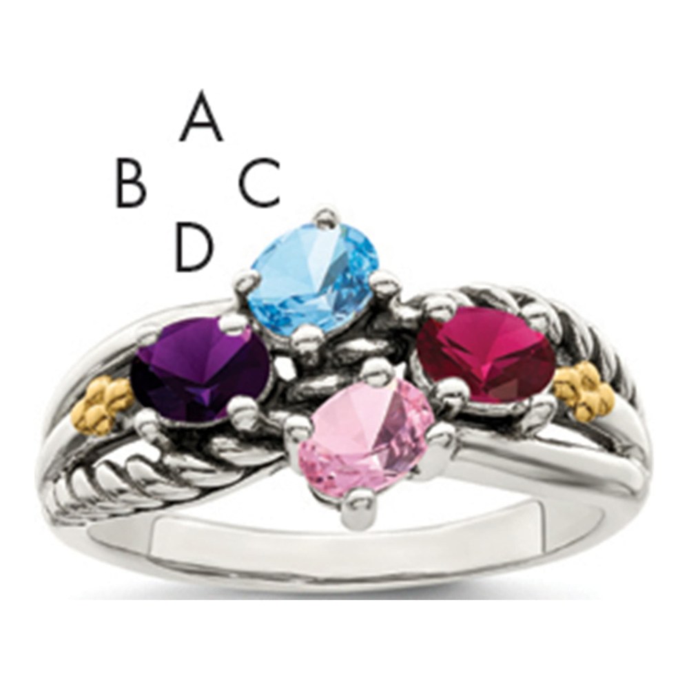 Sterling Silver Antiqued With 14K 4-Stone Mother's Ring