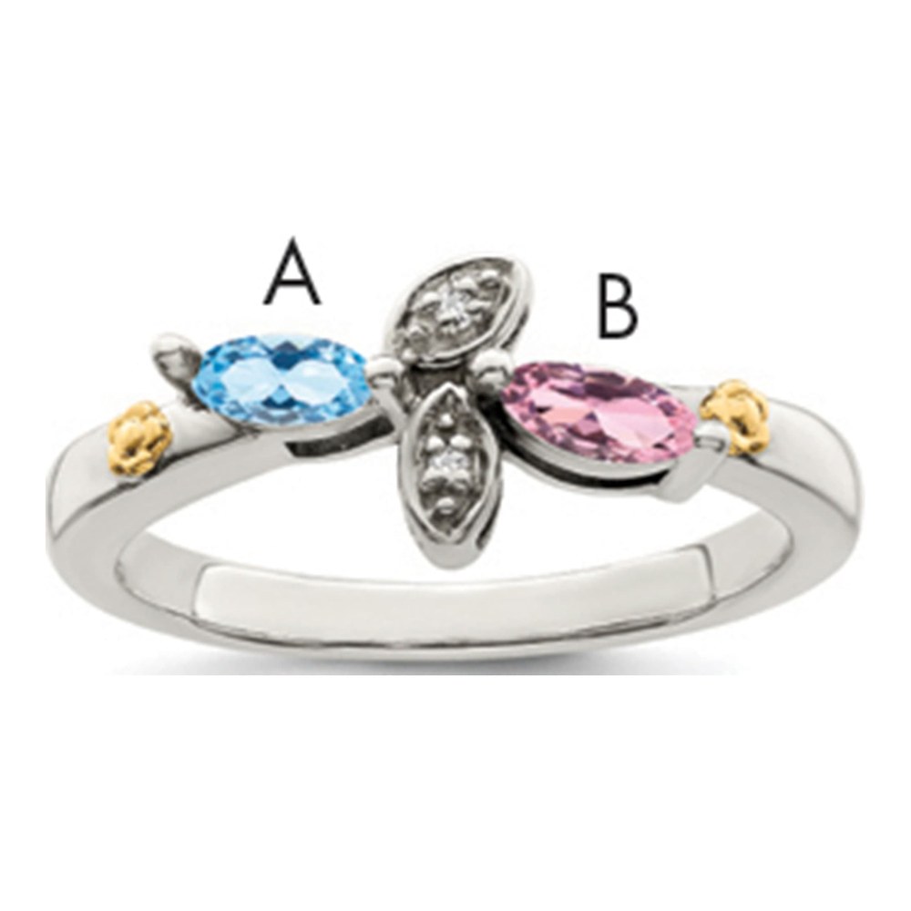 Sterling Silver Antiqued With 14K 2-Stone With 0.010 ctw (total weight)ct Diamond Mother's Ring
