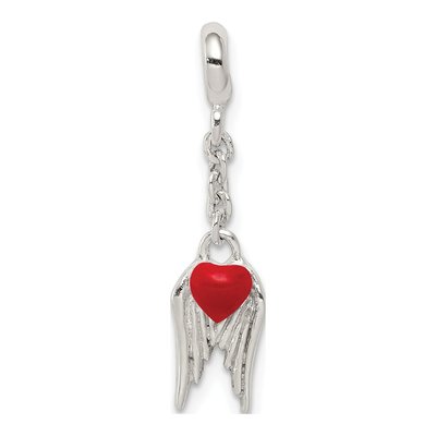 Sterling Silver Red Enamel Heart Wings Charm