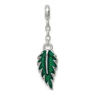 Sterling Silver Green Enamel Leaf Dangle Enhancer Pendant