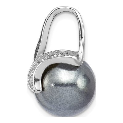 Sterling Silver Grey Freshwater Cultured Pearl & CZ Shell Pendant – view 2