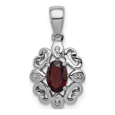 Sterling Silver Garnet & Diamond Oval Pendant