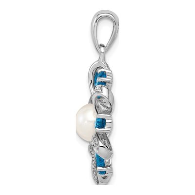 Sterling Silver Freshwater Cultured Pearl & London Blue Topaz Flower Pendant – view 3