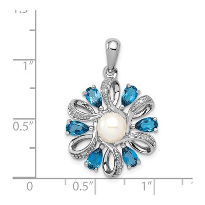 Sterling Silver Freshwater Cultured Pearl & London Blue Topaz Flower Pendant – view 4