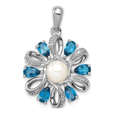 Sterling Silver Freshwater Cultured Pearl & London Blue Topaz Flower Pendant
