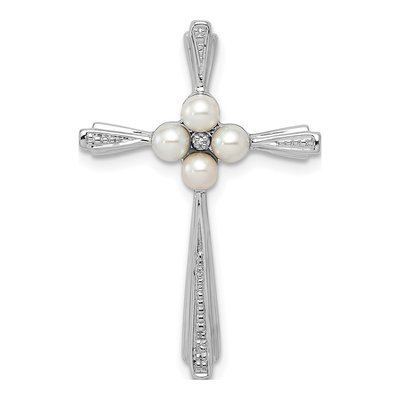 Sterling Silver Freshwater Cultured Pearl & Diamond Cross Pendant