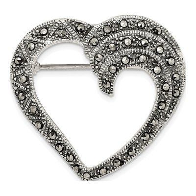 Sterling Silver Marcasite Open Heart Brooch Pin