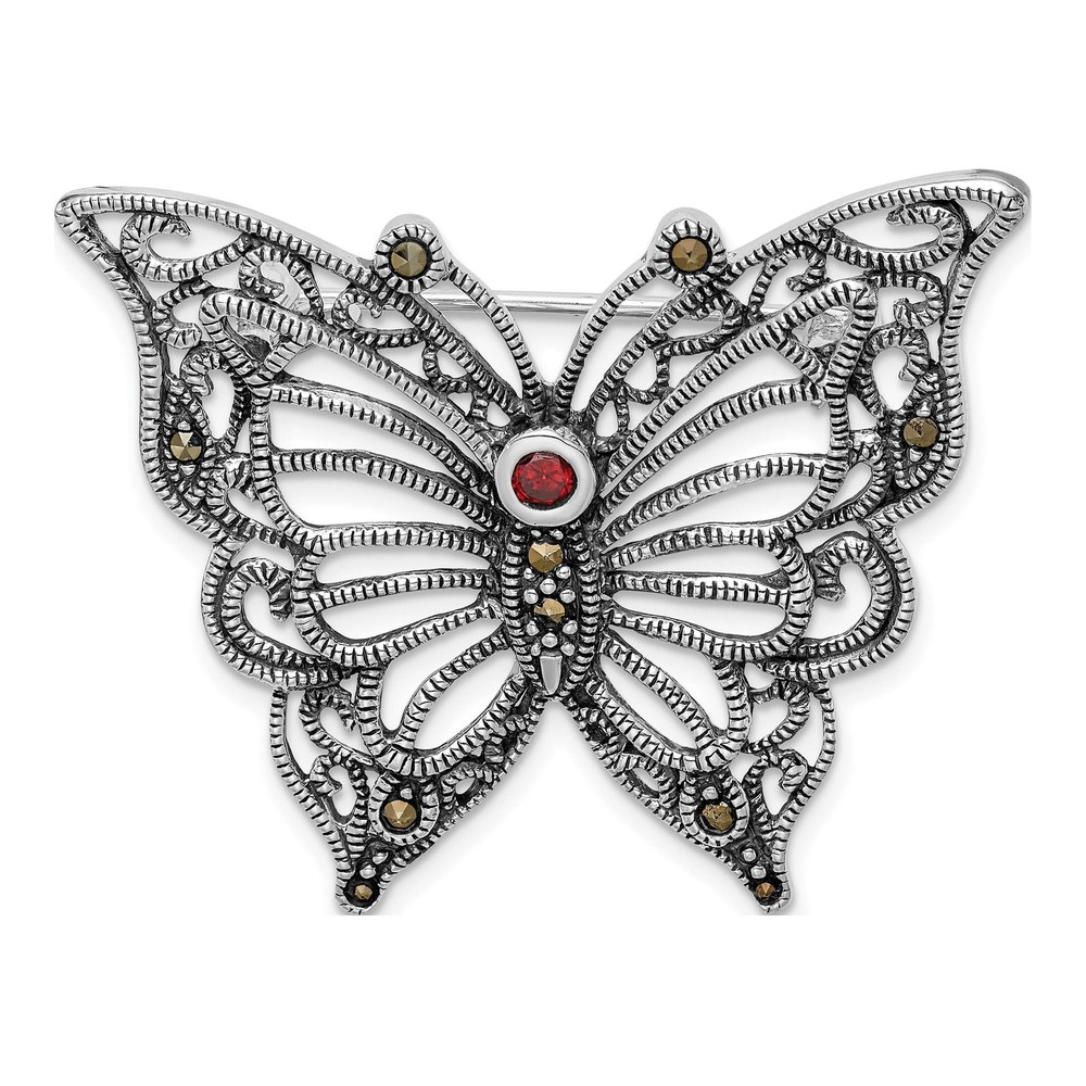 Sterling Silver Marcasite Red CZ Butterfly Pin Brooch