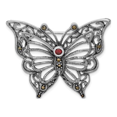 Sterling Silver Marcasite Red CZ Butterfly Pin Brooch