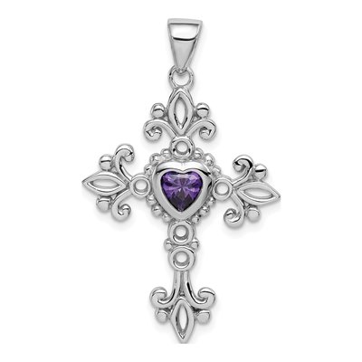 Sterling Silver Amethyst Heart Cross Pendant
