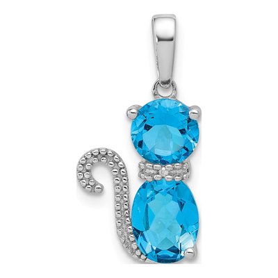 Sterling Silver Swiss Blue Topaz & Diamond Cat Pendant