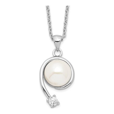 Sterling Silver Freshwater Cultured Pearl & CZ Button Necklace