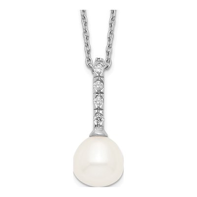 Sterling Silver Freshwater Cultured Pearl & CZ Teardrop Necklace