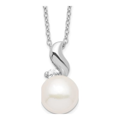 Sterling Silver Freshwater Cultured Pearl & CZ Button Necklace