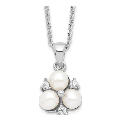 Sterling Silver Freshwater Cultured Pearl & CZ Button 3-Pearl Necklace
