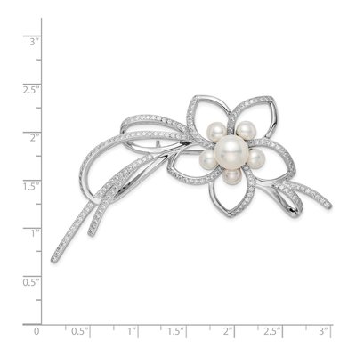 Sterling Silver Pearl & CZ Flower Pin – view 2