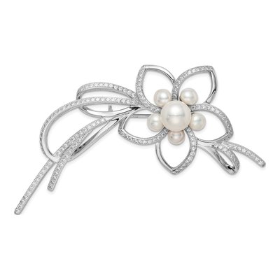 Sterling Silver Pearl & CZ Flower Pin
