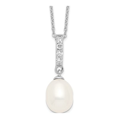 Sterling Silver Freshwater Cultured Pearl & CZ Teardrop Necklace