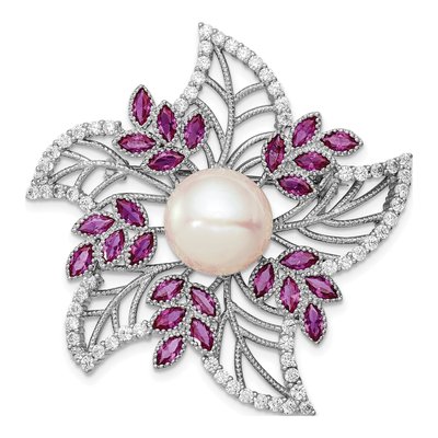 Sterling Silver Pearl & CZ Flower Pin