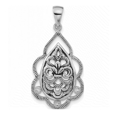 Sterling Silver CZ Fleur de Lis Teardrop Pendant