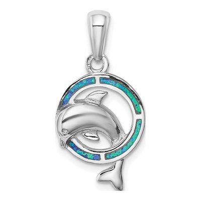 Sterling Silver Lab-Created Opal Inlay Dolphin Pendant