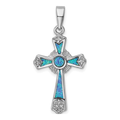 Sterling Silver Lab-Created Opal & CZ Cross Pendant