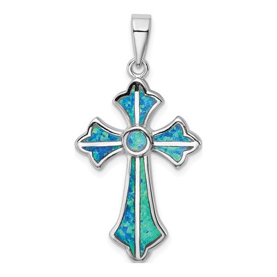 Sterling Silver Lab-Created Opal Inlay Cross Pendant