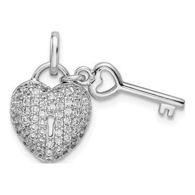 Sterling Silver CZ Heart Lock Key Pendant