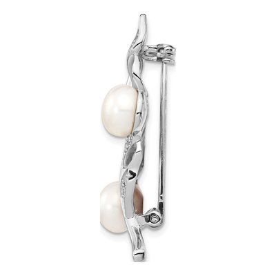 Sterling Silver Pearl & CZ Leaf Brooch – view 2