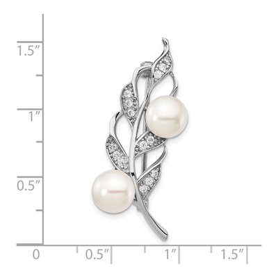 Sterling Silver Pearl & CZ Leaf Brooch – view 3