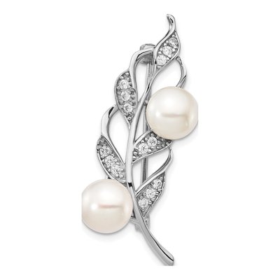 Sterling Silver Pearl & CZ Leaf Brooch
