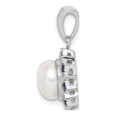Sterling Silver Freshwater Cultured Pearl & CZ Flower Pendant – view 3