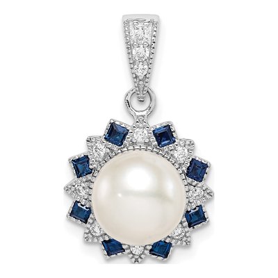 Sterling Silver Freshwater Cultured Pearl & CZ Flower Pendant