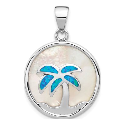 Sterling Silver Lab-Created Opal & Mother of Pearl Palm Tree Pendant