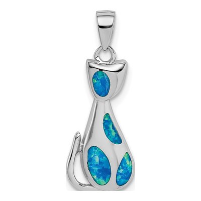 Sterling Silver Lab-Created Opal Cat Pendant